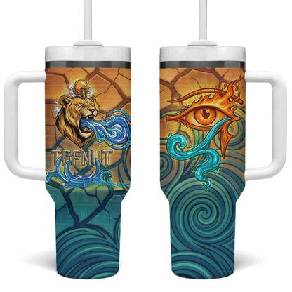 Egyptian Tefnut Fiery Eye Tumbler With Handle with Roaring Lion in Desert and Water Element