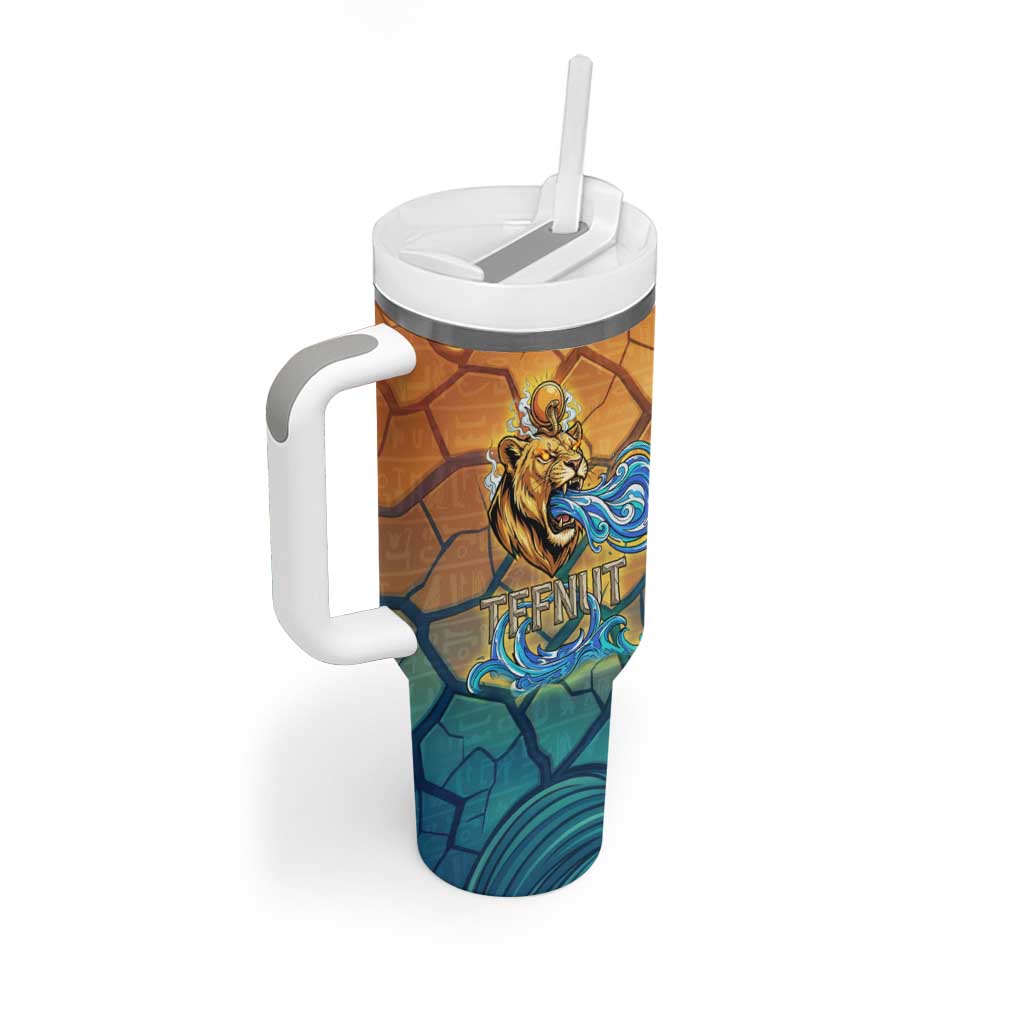 Egyptian Tefnut Fiery Eye Tumbler With Handle with Roaring Lion in Desert and Water Element