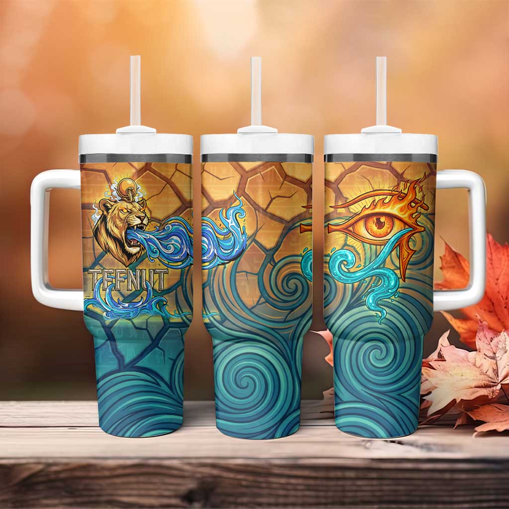 Egyptian Tefnut Fiery Eye Tumbler With Handle with Roaring Lion in Desert and Water Element