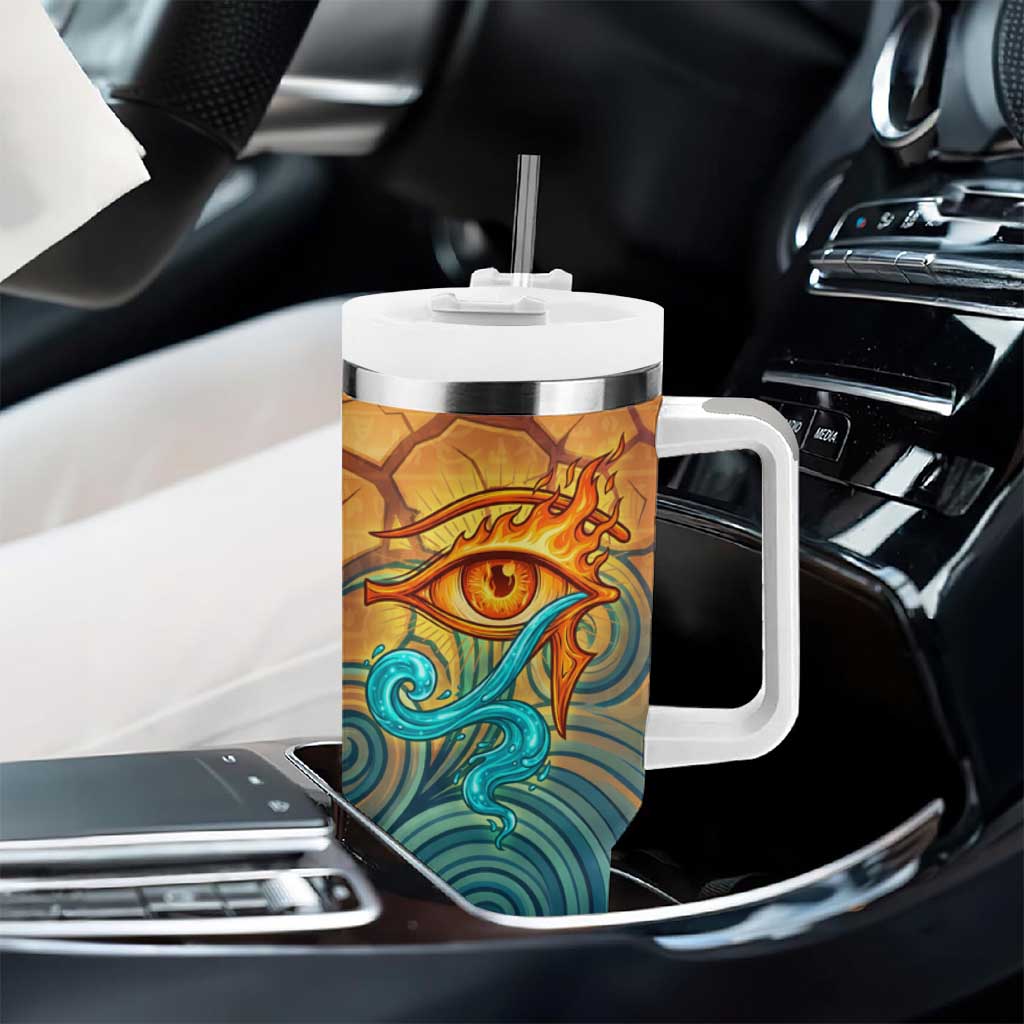 Egyptian Tefnut Fiery Eye Tumbler With Handle with Roaring Lion in Desert and Water Element