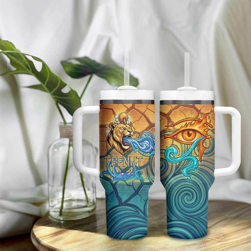 Egyptian Tefnut Fiery Eye Tumbler With Handle with Roaring Lion in Desert and Water Element