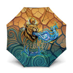 Egyptian Tefnut Fiery Eye Umbrella with Roaring Lion in Desert and Water Element
