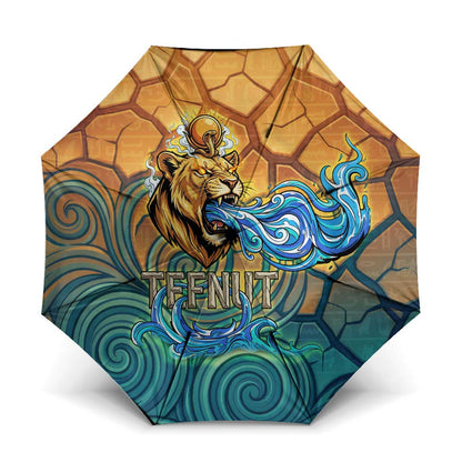 Egyptian Tefnut Fiery Eye Umbrella with Roaring Lion in Desert and Water Element