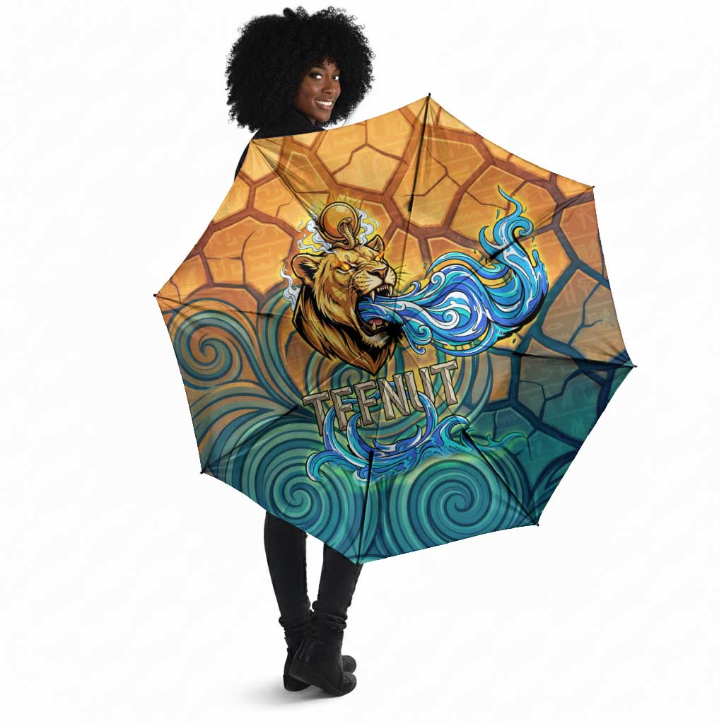 Egyptian Tefnut Fiery Eye Umbrella with Roaring Lion in Desert and Water Element