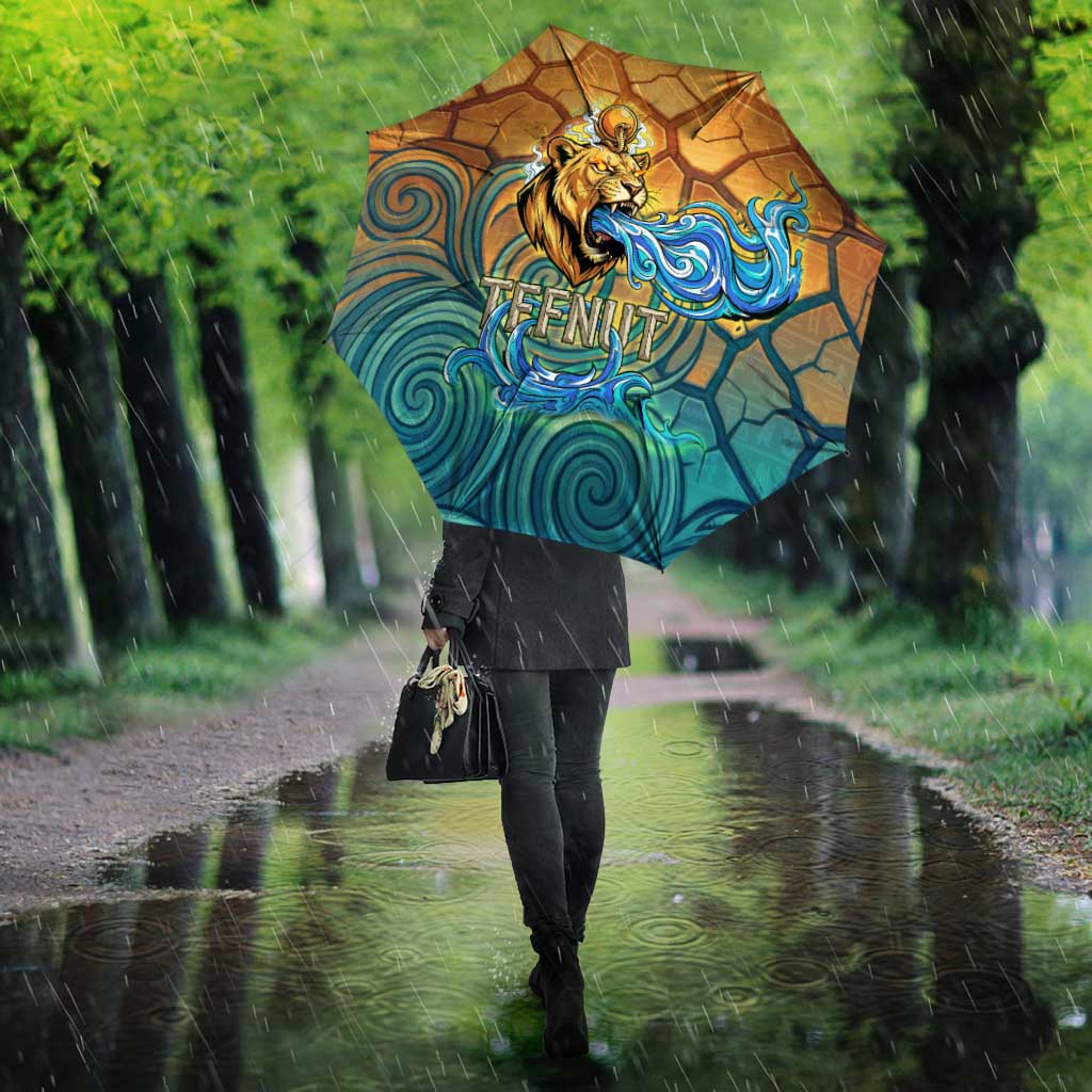 Egyptian Tefnut Fiery Eye Umbrella with Roaring Lion in Desert and Water Element