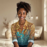 Egyptian Tefnut Fiery Eye Women Casual Shirt with Roaring Lion in Desert and Water Element