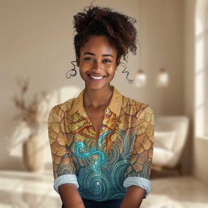 Egyptian Tefnut Fiery Eye Women Casual Shirt with Roaring Lion in Desert and Water Element