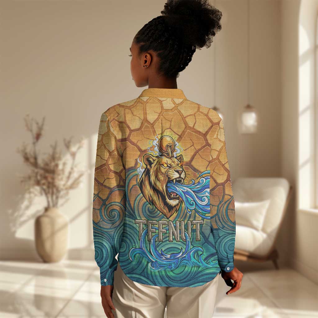 Egyptian Tefnut Fiery Eye Women Casual Shirt with Roaring Lion in Desert and Water Element