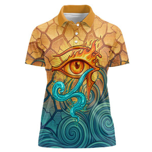 Egyptian Tefnut Fiery Eye Women Polo Shirt with Roaring Lion in Desert and Water Element