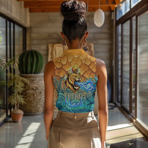 Egyptian Tefnut Fiery Eye Women Sleeveless Polo Shirt with Roaring Lion in Desert and Water Element