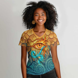 Egyptian Tefnut Fiery Eye Women V-Neck T-Shirt with Roaring Lion in Desert and Water Element
