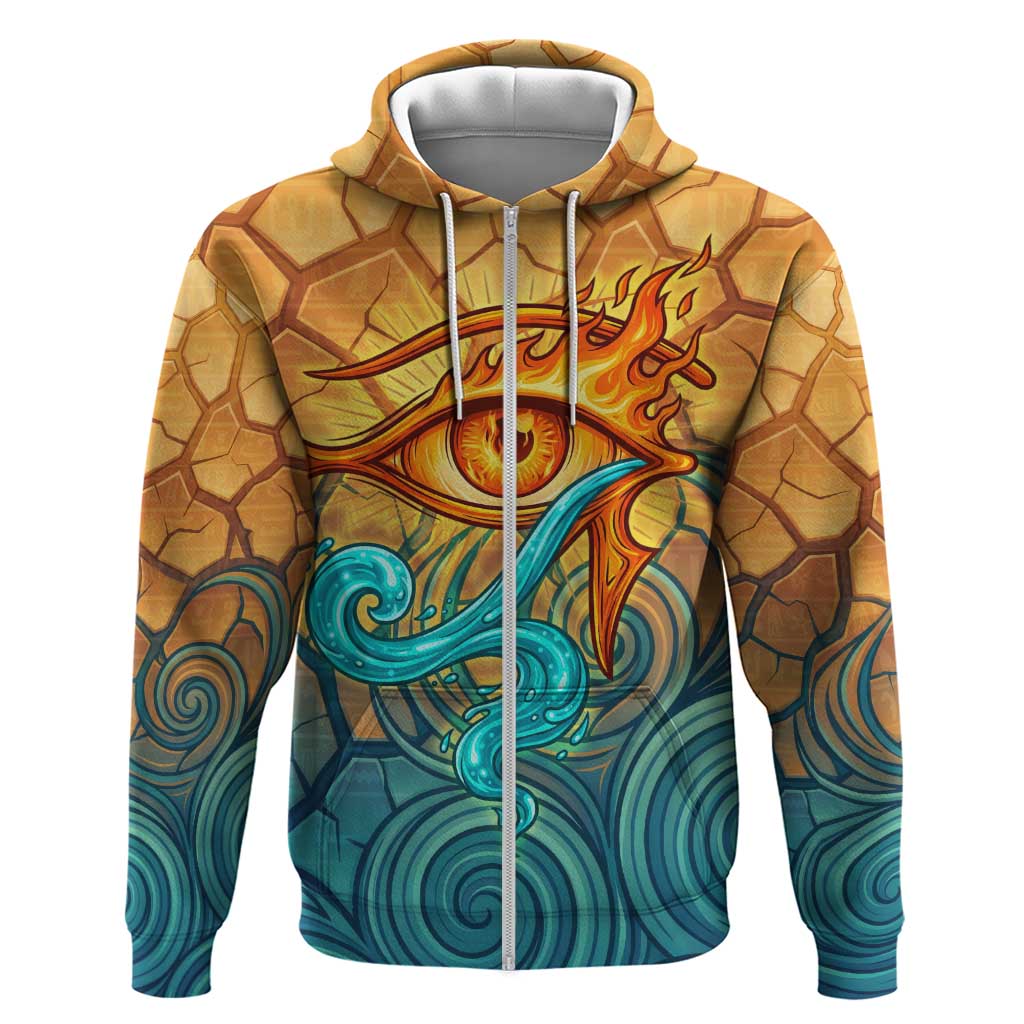 Egyptian Tefnut Fiery Eye Zip Hoodie with Roaring Lion in Desert and Water Element