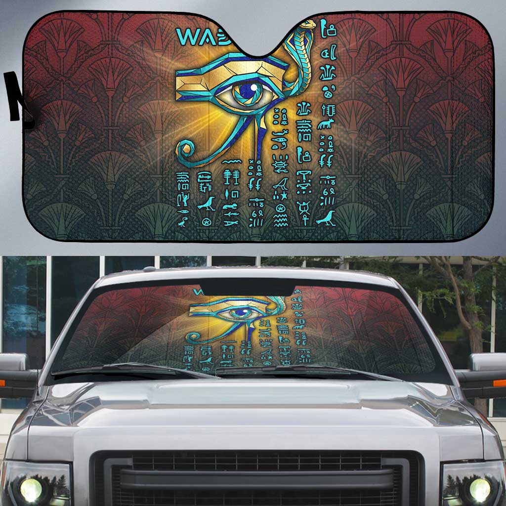 Egyptian Wadjet Winged Cobra Auto Sun Shade with Eye of Horus in Fiery Royal Protector Theme