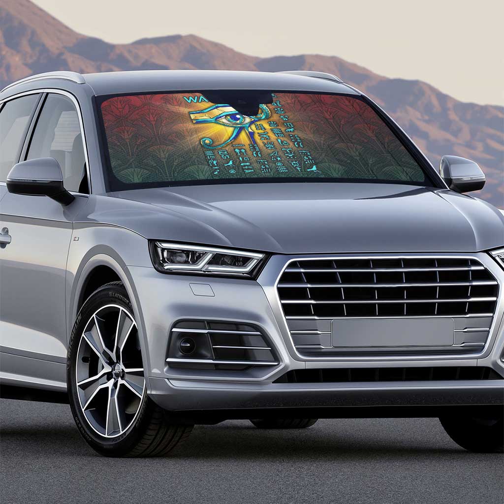 Egyptian Wadjet Winged Cobra Auto Sun Shade with Eye of Horus in Fiery Royal Protector Theme