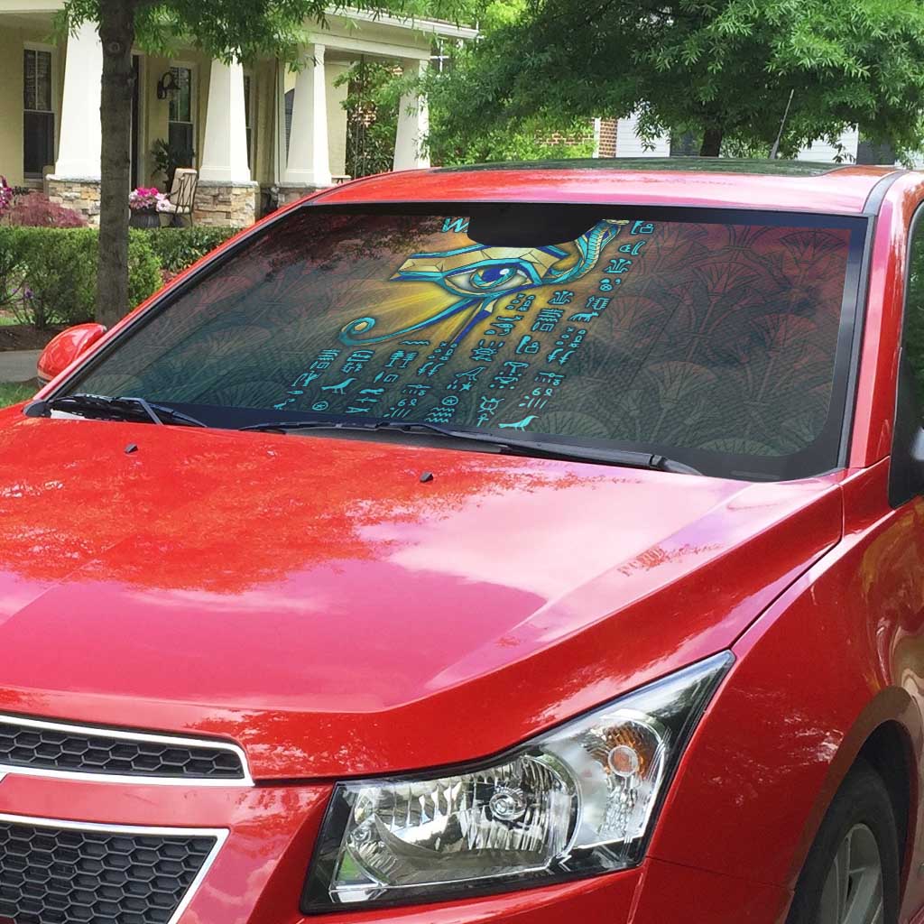 Egyptian Wadjet Winged Cobra Auto Sun Shade with Eye of Horus in Fiery Royal Protector Theme