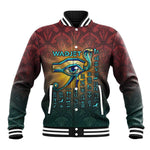 Egyptian Wadjet Winged Cobra Baseball Jacket with Eye of Horus in Fiery Royal Protector Theme