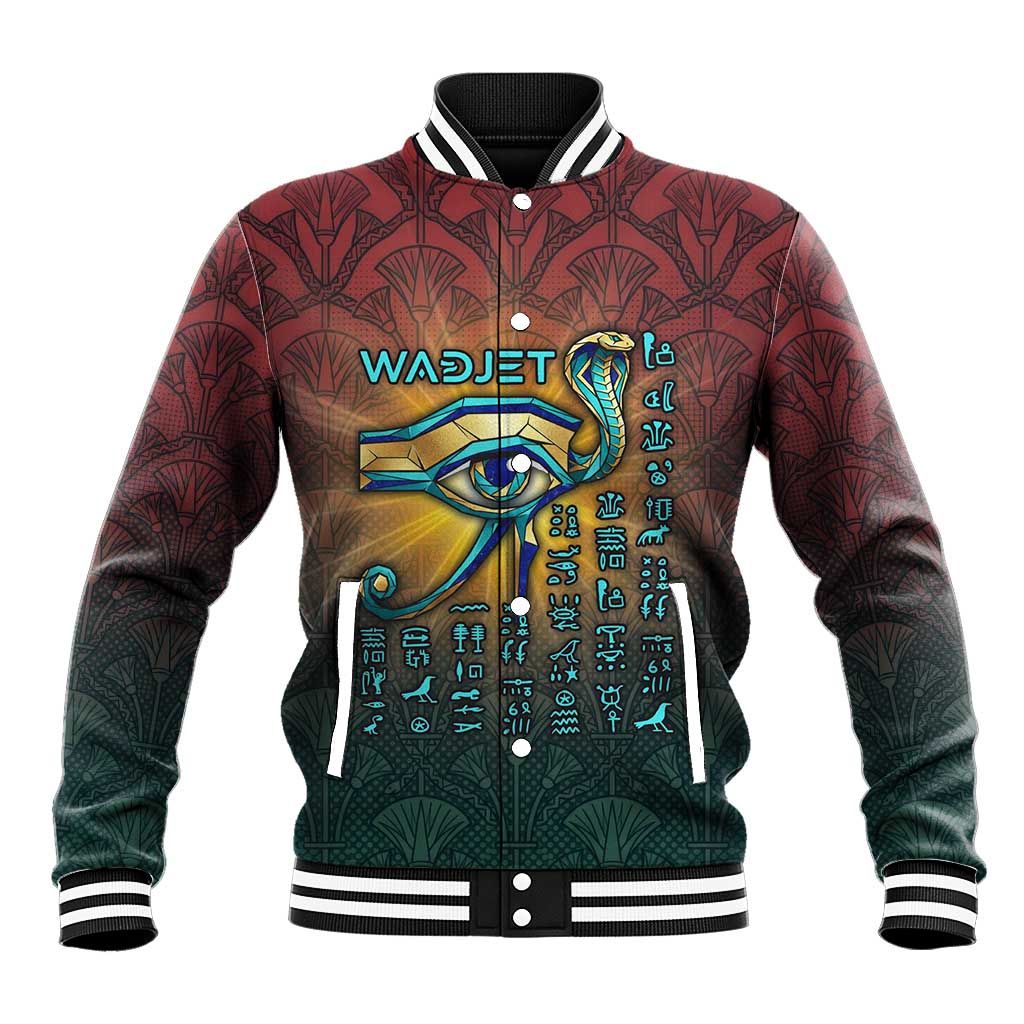 Egyptian Wadjet Winged Cobra Baseball Jacket with Eye of Horus in Fiery Royal Protector Theme