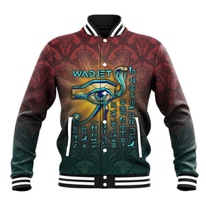 Egyptian Wadjet Winged Cobra Baseball Jacket with Eye of Horus in Fiery Royal Protector Theme