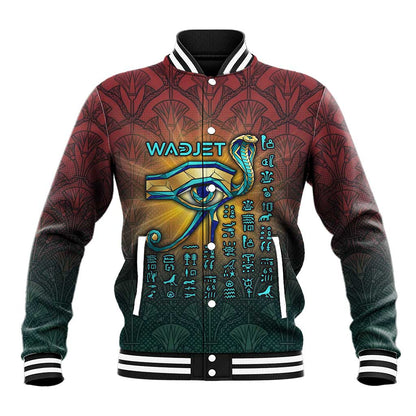 Egyptian Wadjet Winged Cobra Baseball Jacket with Eye of Horus in Fiery Royal Protector Theme