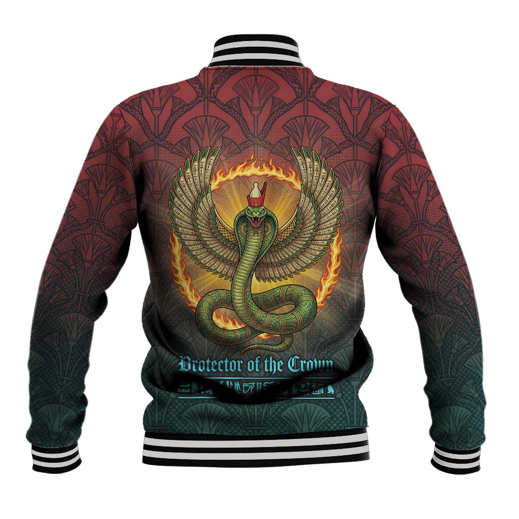 Egyptian Wadjet Winged Cobra Baseball Jacket with Eye of Horus in Fiery Royal Protector Theme