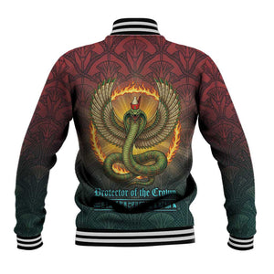 Egyptian Wadjet Winged Cobra Baseball Jacket with Eye of Horus in Fiery Royal Protector Theme