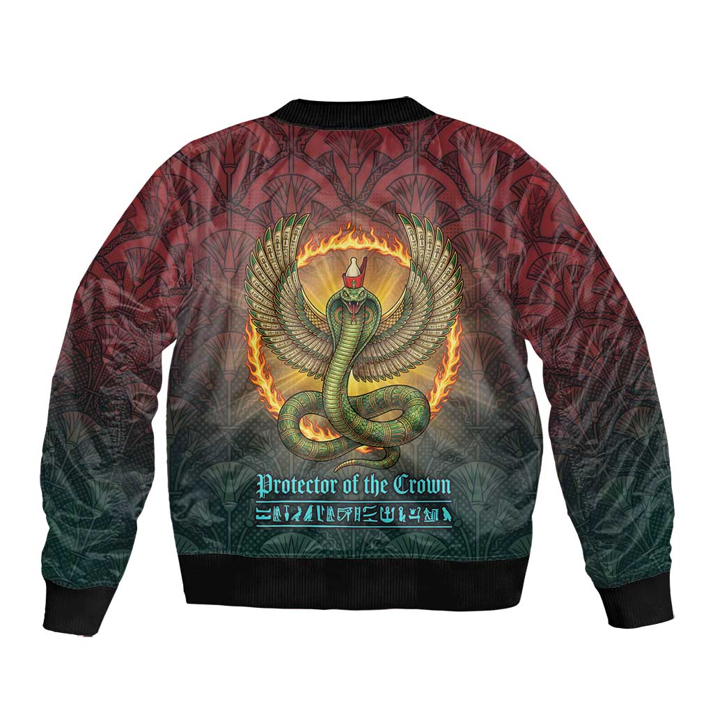 Egyptian Wadjet Winged Cobra Bomber Jacket with Eye of Horus in Fiery Royal Protector Theme