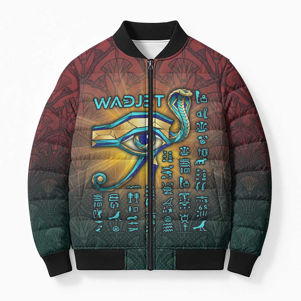 Egyptian Wadjet Winged Cobra Bomber Puffer Jacket with Eye of Horus in Fiery Royal Protector Theme