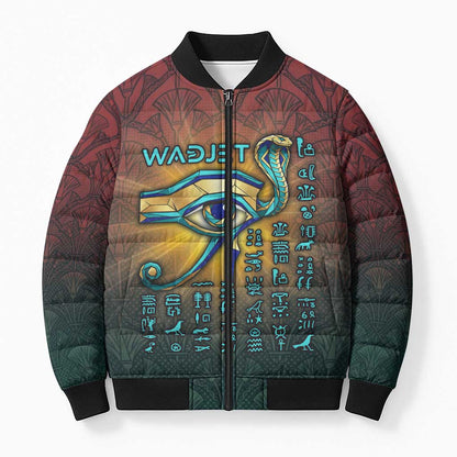 Egyptian Wadjet Winged Cobra Bomber Puffer Jacket with Eye of Horus in Fiery Royal Protector Theme