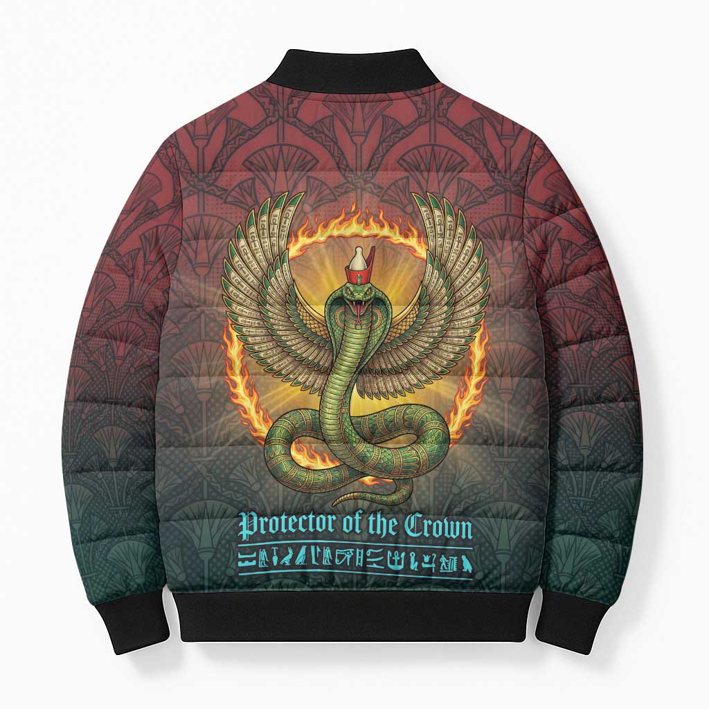 Egyptian Wadjet Winged Cobra Bomber Puffer Jacket with Eye of Horus in Fiery Royal Protector Theme