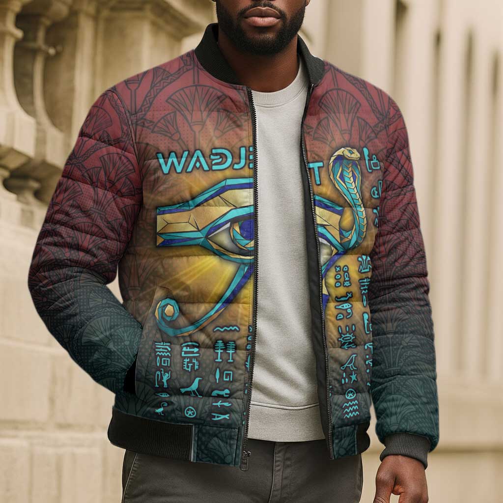 Egyptian Wadjet Winged Cobra Bomber Puffer Jacket with Eye of Horus in Fiery Royal Protector Theme