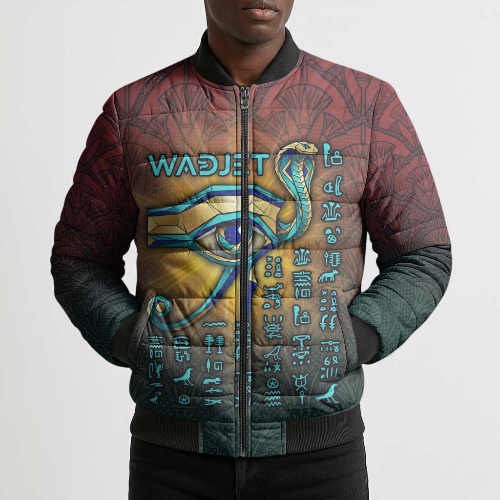 Egyptian Wadjet Winged Cobra Bomber Puffer Jacket with Eye of Horus in Fiery Royal Protector Theme