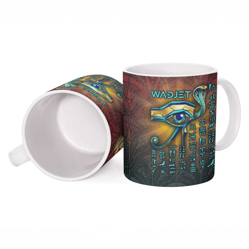 Egyptian Wadjet Winged Cobra Ceramic Mug with Eye of Horus in Fiery Royal Protector Theme