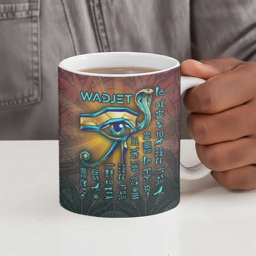 Egyptian Wadjet Winged Cobra Ceramic Mug with Eye of Horus in Fiery Royal Protector Theme
