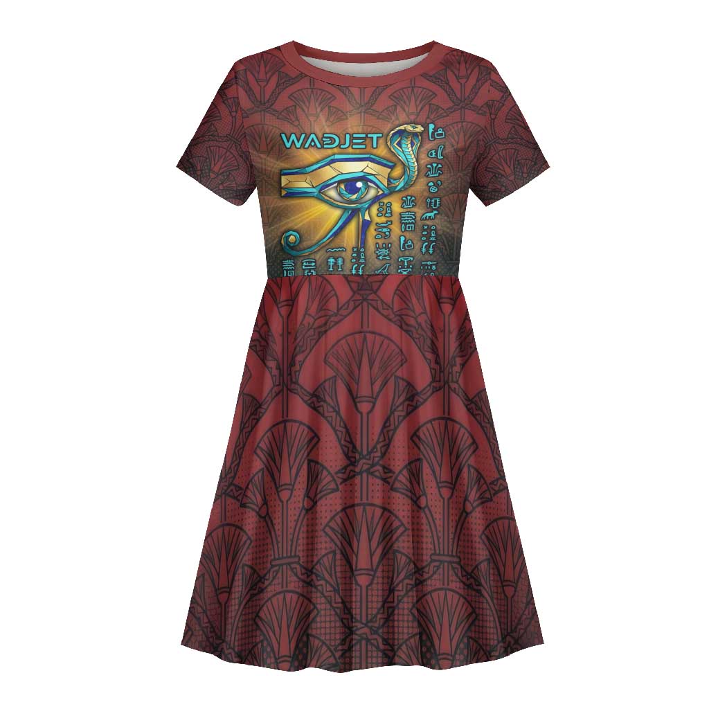Egyptian Wadjet Winged Cobra Kid Short Sleeve Dress with Eye of Horus in Fiery Royal Protector Theme