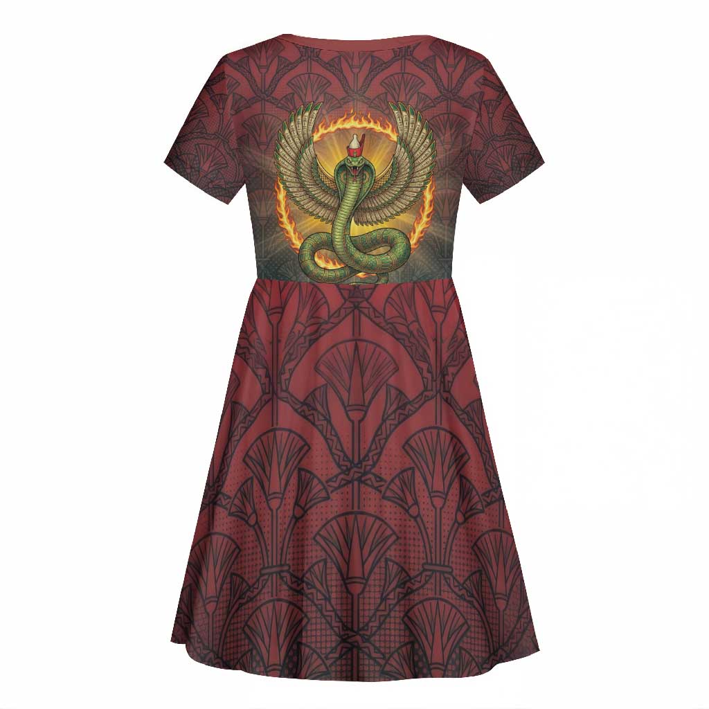 Egyptian Wadjet Winged Cobra Kid Short Sleeve Dress with Eye of Horus in Fiery Royal Protector Theme