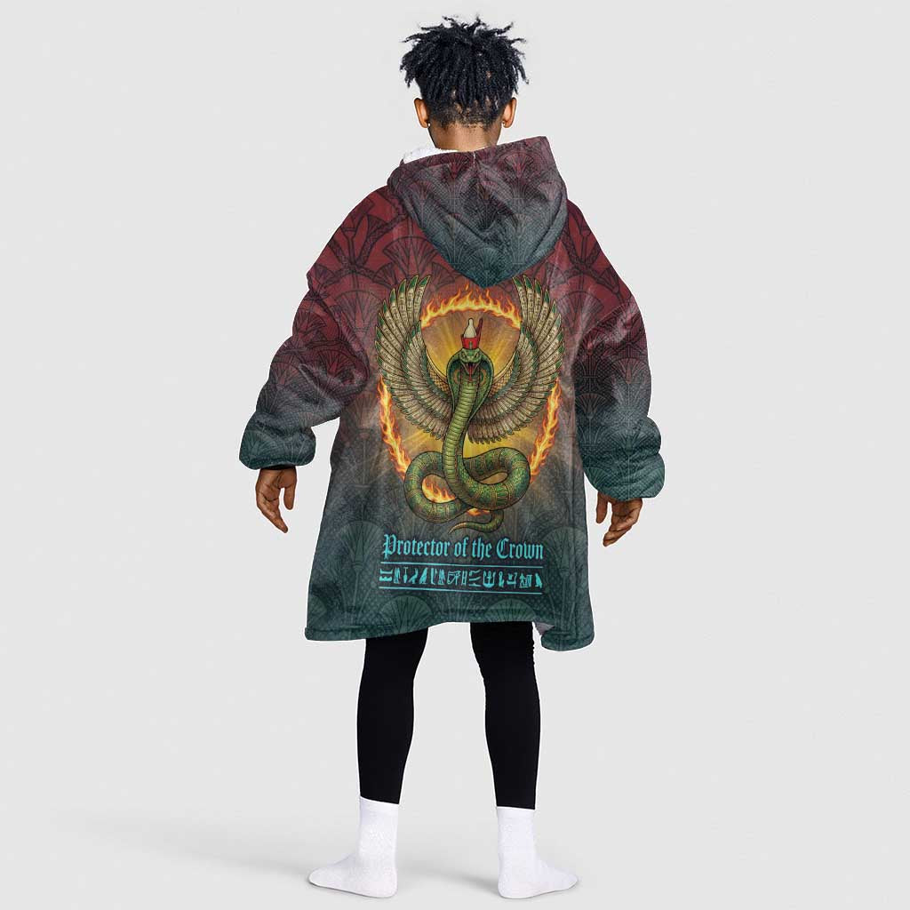 Egyptian Wadjet Winged Cobra Kid Wearable Blanket Hoodie with Eye of Horus in Fiery Royal Protector Theme