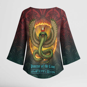 Egyptian Wadjet Winged Cobra Kimono Sleeve Blouse with Eye of Horus in Fiery Royal Protector Theme