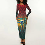 Egyptian Wadjet Winged Cobra Long Sleeve Bodycon Dress with Eye of Horus in Fiery Royal Protector Theme