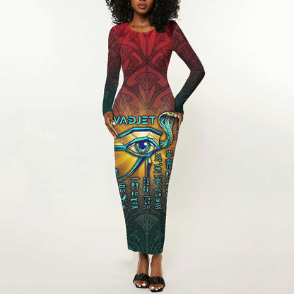 Egyptian Wadjet Winged Cobra Long Sleeve Bodycon Dress with Eye of Horus in Fiery Royal Protector Theme