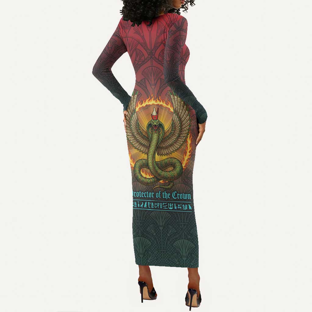 Egyptian Wadjet Winged Cobra Long Sleeve Bodycon Dress with Eye of Horus in Fiery Royal Protector Theme