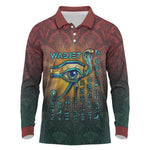 Egyptian Wadjet Winged Cobra Long Sleeve Polo Shirt with Eye of Horus in Fiery Royal Protector Theme