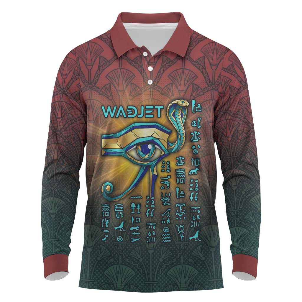 Egyptian Wadjet Winged Cobra Long Sleeve Polo Shirt with Eye of Horus in Fiery Royal Protector Theme