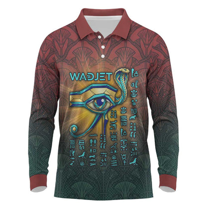 Egyptian Wadjet Winged Cobra Long Sleeve Polo Shirt with Eye of Horus in Fiery Royal Protector Theme