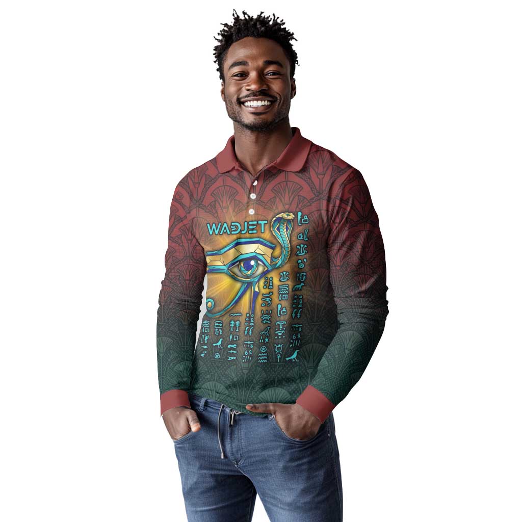 Egyptian Wadjet Winged Cobra Long Sleeve Polo Shirt with Eye of Horus in Fiery Royal Protector Theme