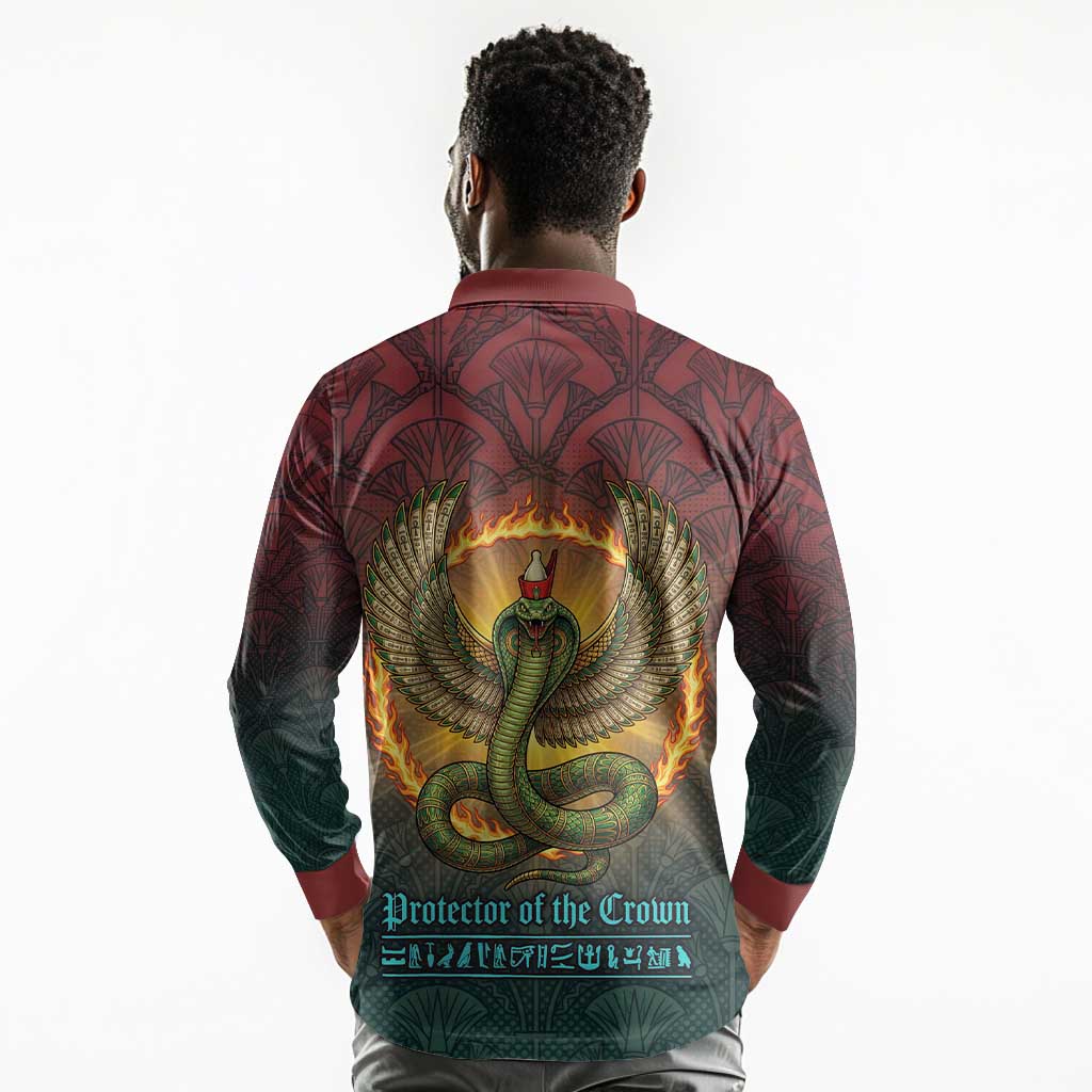 Egyptian Wadjet Winged Cobra Long Sleeve Polo Shirt with Eye of Horus in Fiery Royal Protector Theme