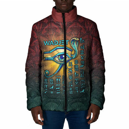 Egyptian Wadjet Winged Cobra Padded Jacket with Eye of Horus in Fiery Royal Protector Theme