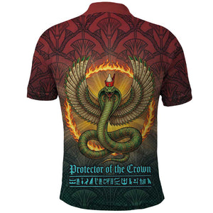 Egyptian Wadjet Winged Cobra Polo Shirt with Eye of Horus in Fiery Royal Protector Theme