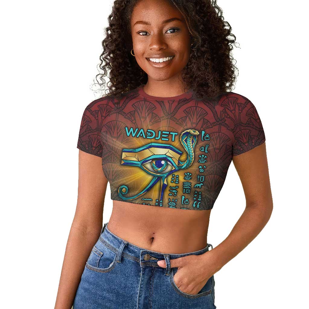 Egyptian Wadjet Winged Cobra Raglan Cropped T shirt with Eye of Horus in Fiery Royal Protector Theme