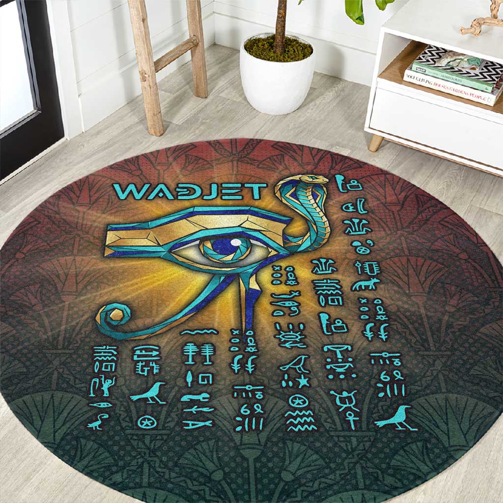 Egyptian Wadjet Winged Cobra Round Carpet with Eye of Horus in Fiery Royal Protector Theme