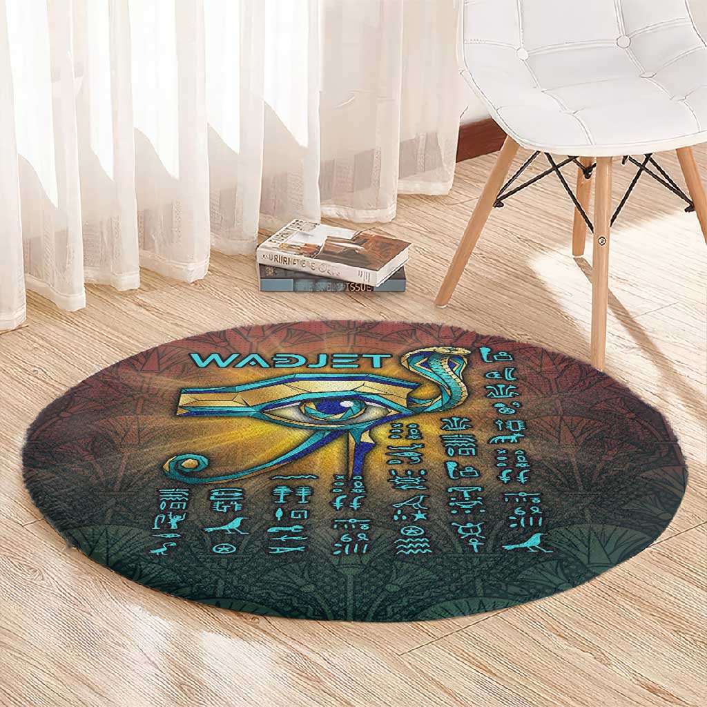 Egyptian Wadjet Winged Cobra Round Carpet with Eye of Horus in Fiery Royal Protector Theme